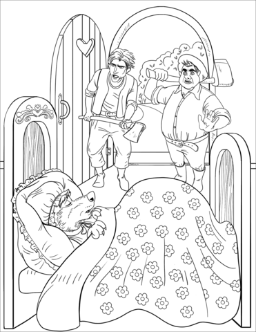 Kolorowanka leśnicy biegną do domu i widzą wilka Kolorowanka leśnicy biegną do domu i widzą wilka